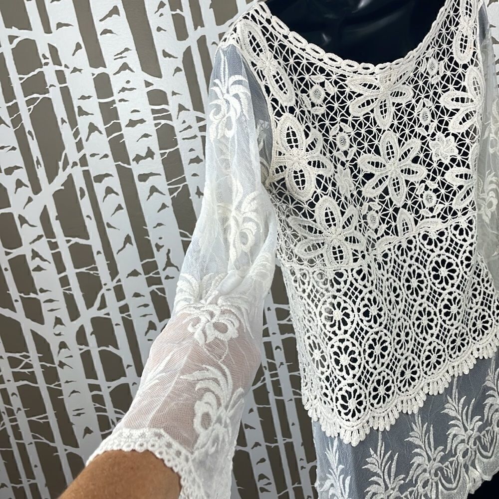 Boho Embroidered Lace & Mesh 3/4 Sleeve Top - Picture 8 of 14